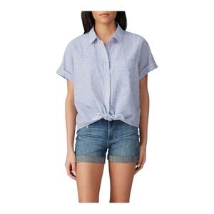 DL1961 Chrystie Street Top Blouse Tie Front Blue White Stripe Linen Blend Size M